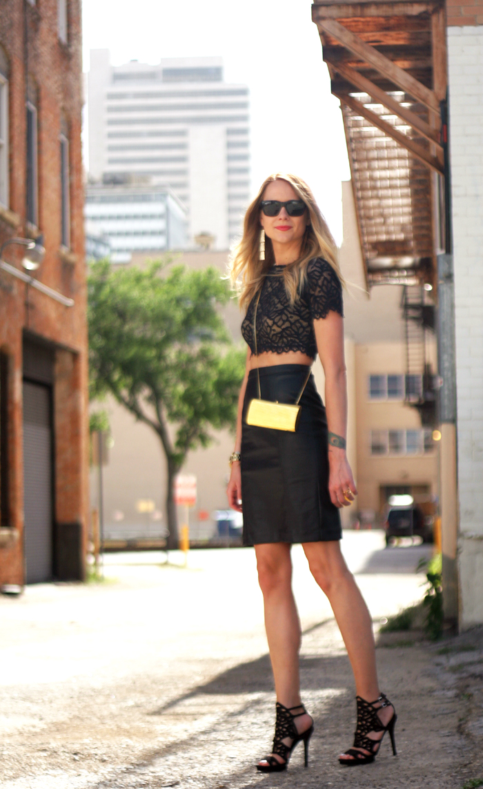 Lover's & Friends Black lace crop top, black leather pencil skirt, black laser cut heels, gold box clutch