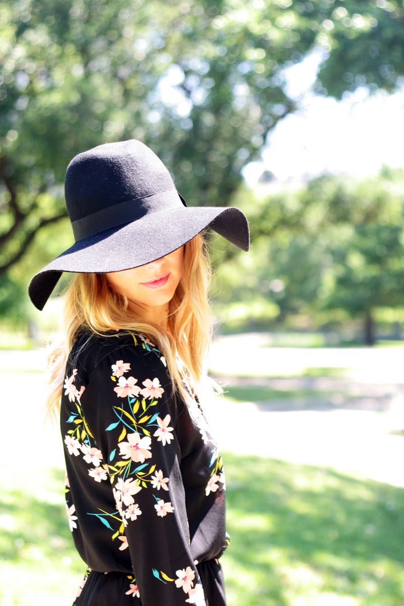urban outfitters floral romper, H&M black floppy hat, forever21 black booties