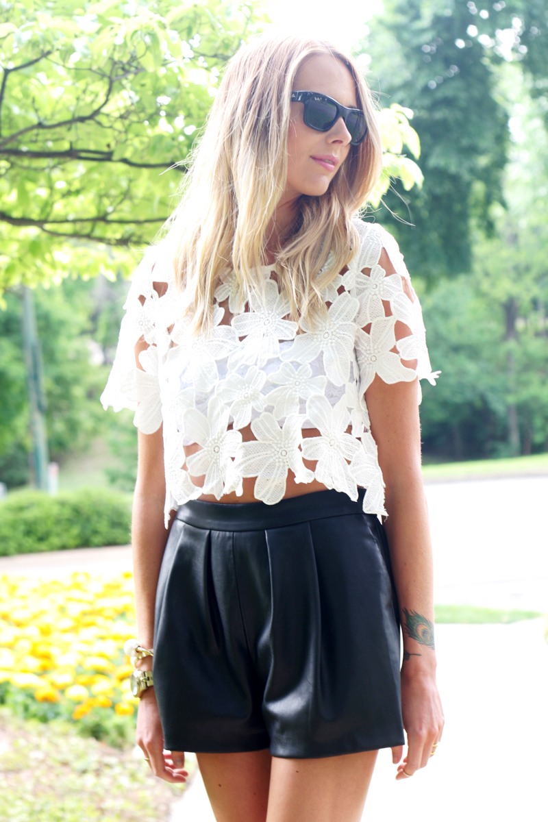 FLORAL CUTWORK WHITE TOP, BLACK LEATHER SHORTS, BLACK SUEDE LACE UP HEELS