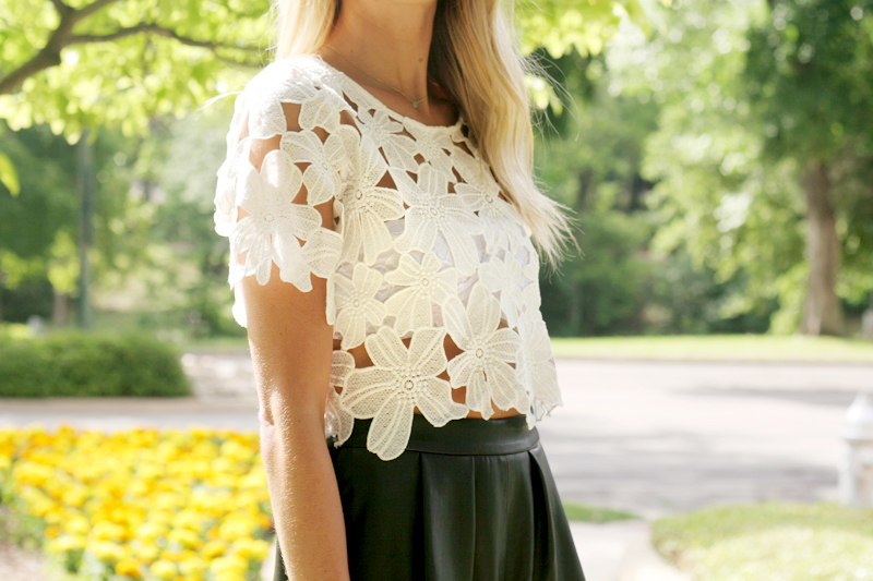 FLORAL CUTWORK WHITE TOP, BLACK LEATHER SHORTS, BLACK SUEDE LACE UP HEELS