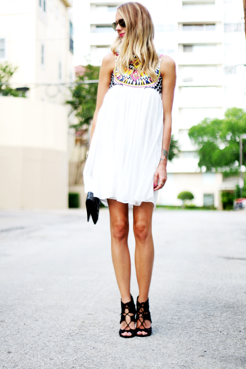 dress, white dress, embroidered, earrings, tassel, clutch, black lace up heels, black heels, heels