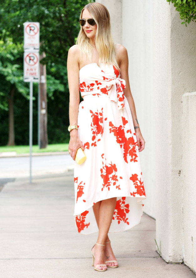 Poppy Print Skirt, Poppy Print Tube Top, Midi Skirt, High/Low Skirt, cutch, gold clutch, gold box clutch, nude heels, nude steve madden heels, floral 2 piece set