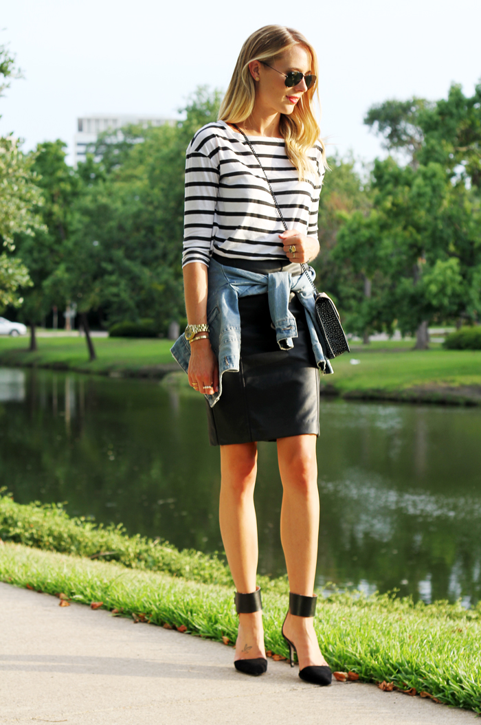 black & white stripe top, black pencil skirt, denim jacket