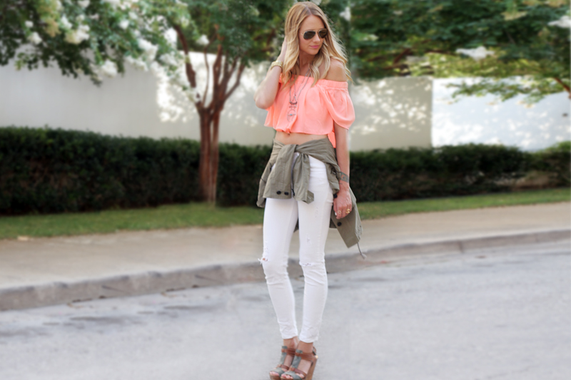 milk & honey boutique coral crop top, white skinny jeans