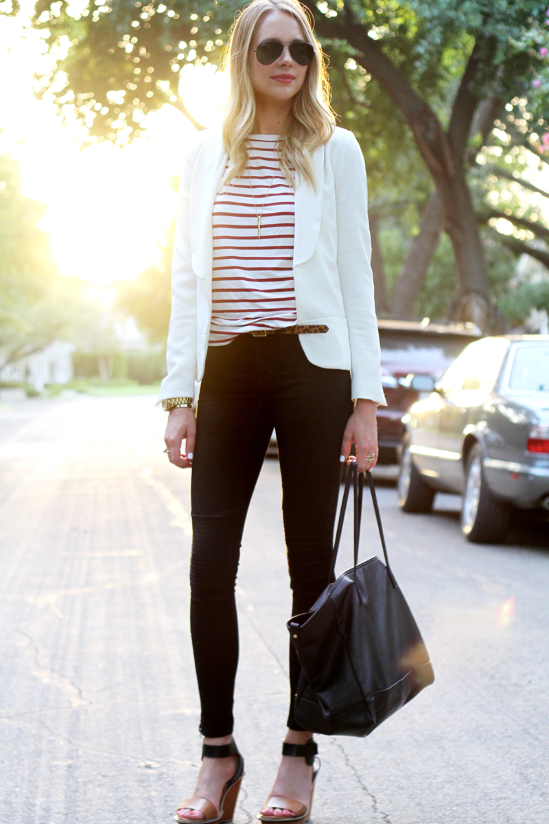 red stripe shirt, white blazer, black skinny jeans