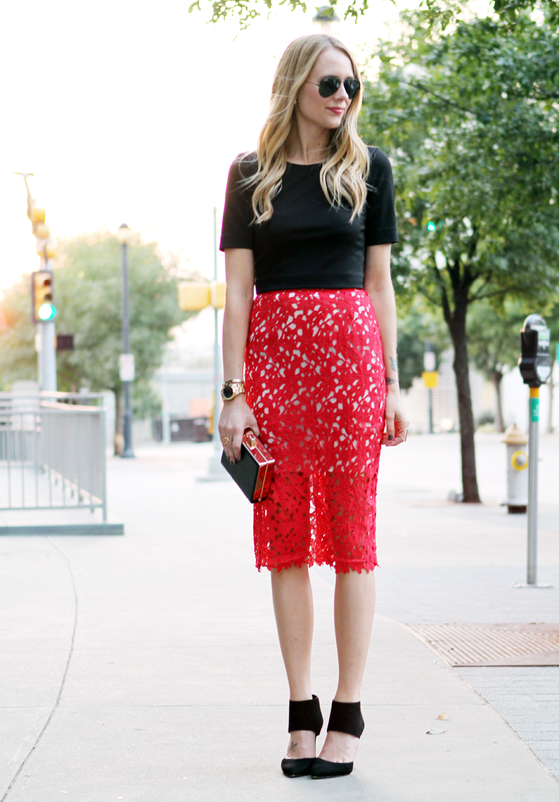 ASOS Red Lace Midi Pencil Skirt