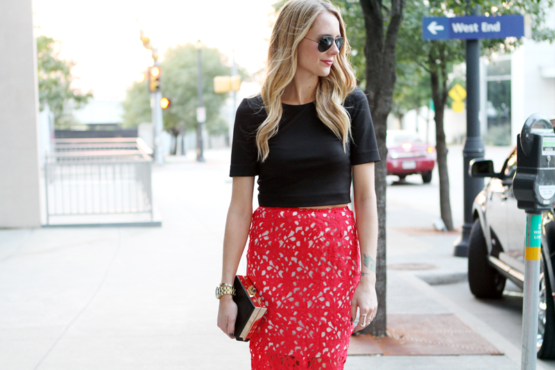 ASOS Red Lace Midi Pencil Skirt