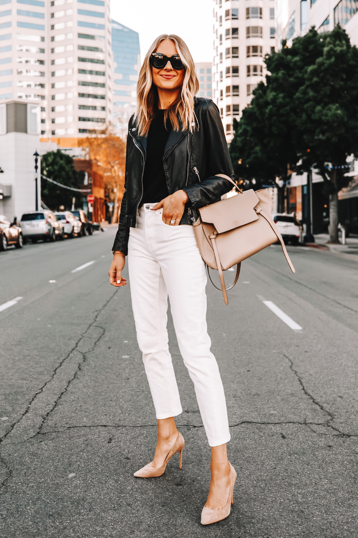 White jeans hot sale black heels