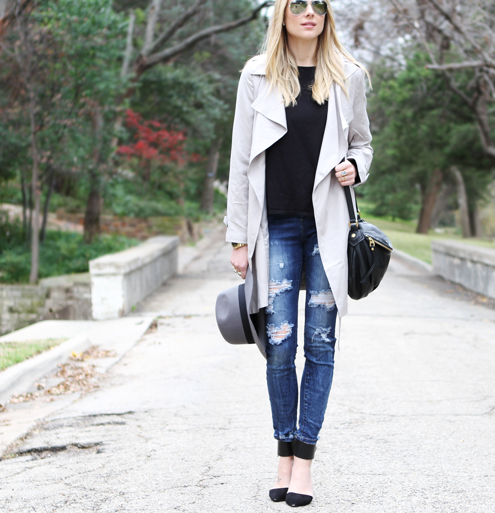 Trench Coat & Ripped Denim Jeans