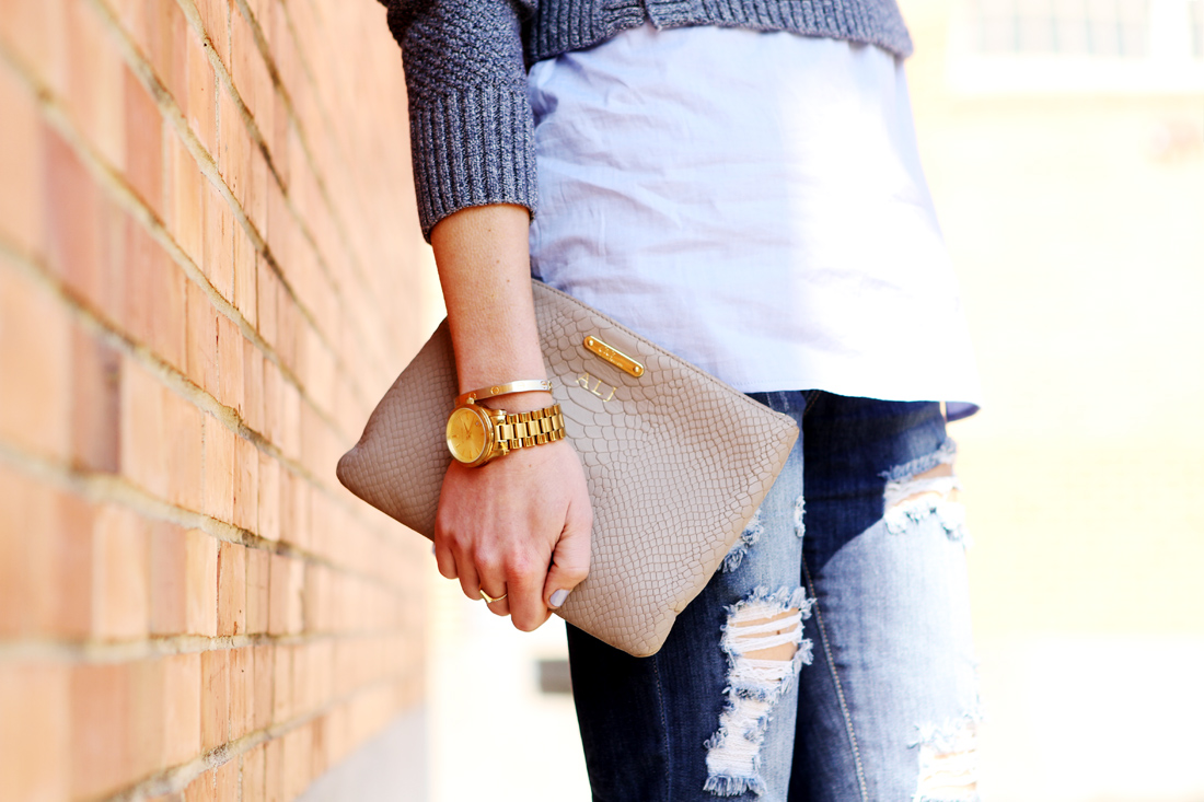 banana-republic-tweed-layered-pullover, denim distressed jeans, blue mirrored sunglasses, nude pumps, nude clutch