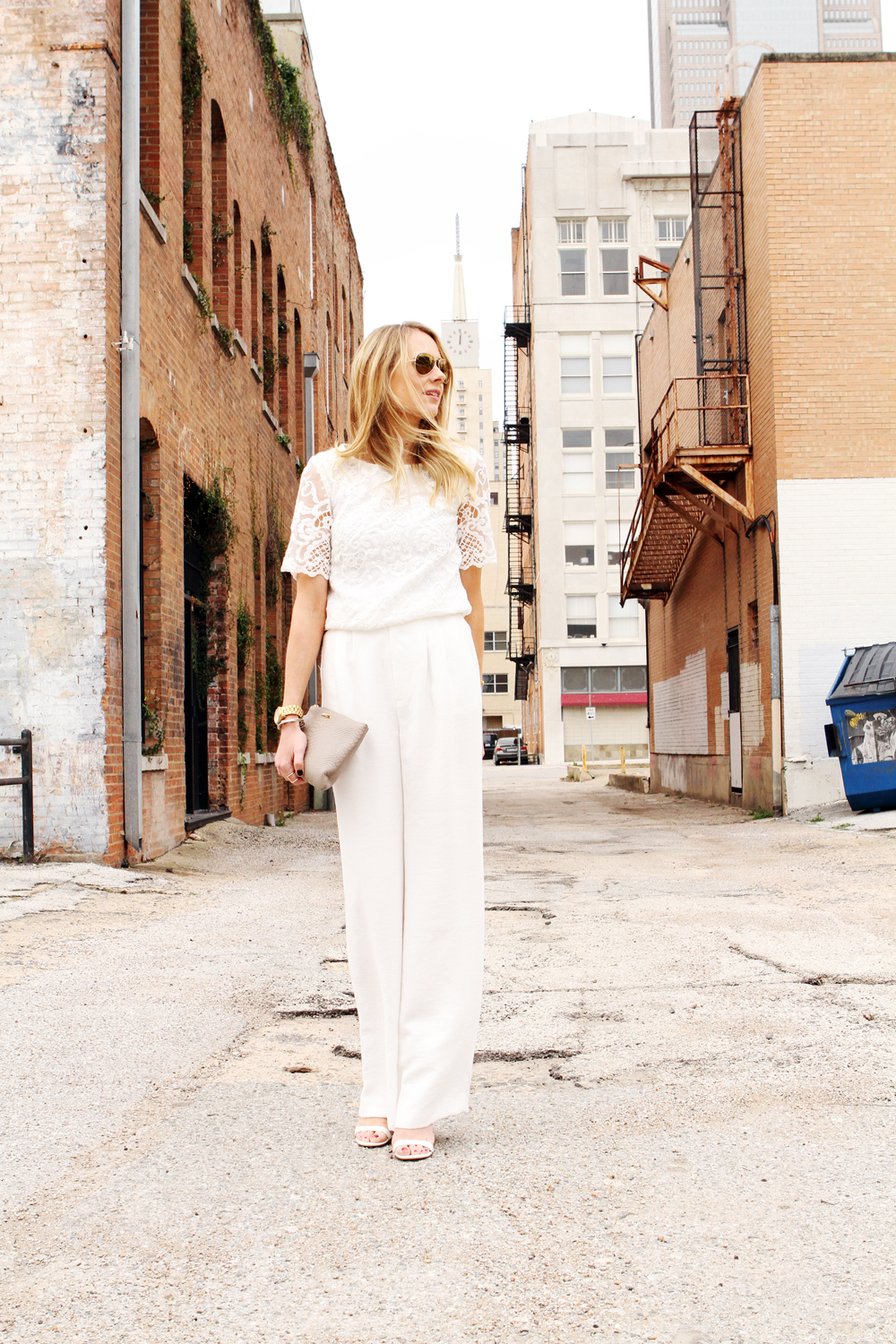 french connection nebraska lace tunic top, white lace top, white wide leg pants, nude clutch, 