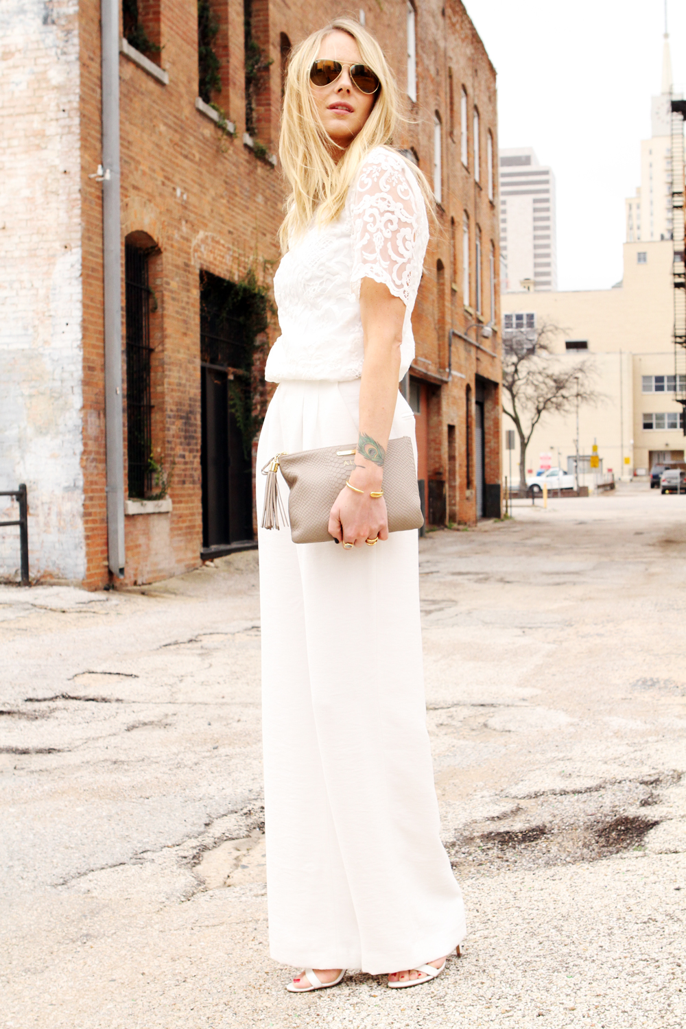 french connection nebraska lace tunic top, white lace top, white wide leg pants, nude clutch, 