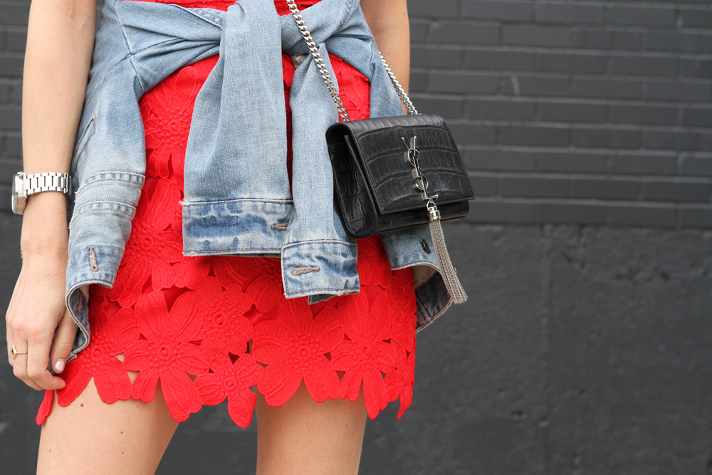 red floral cut out dress, denim jacket, black espadrilles