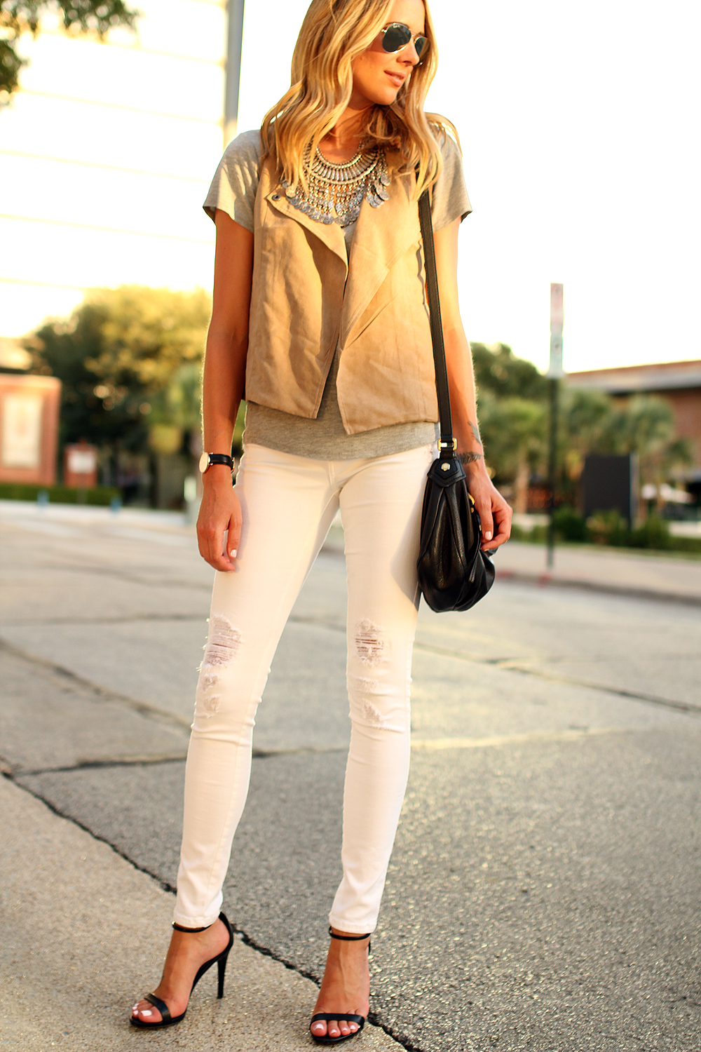 fashion-jackson-tan-suede-vest-grey-tshirt-white-skinny-jeans-black-heels-silver-coin-necklace