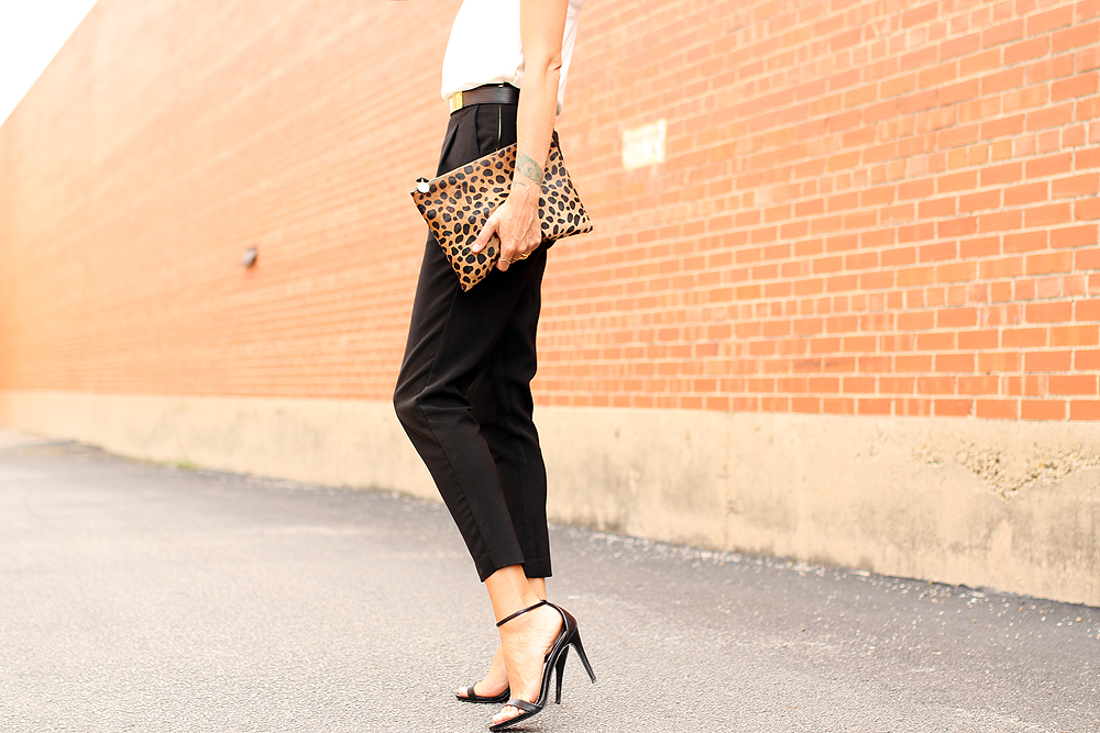 fashion-jackson-black-trousers-gold-plaited-belt-steve-madden-black-ankle-strap-heels-clare-v-leopard-clutch