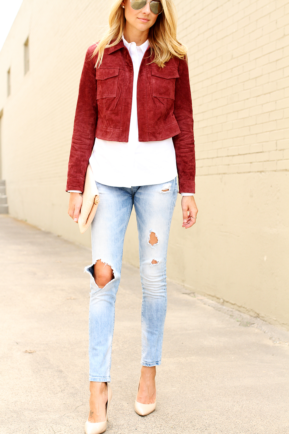 fashion-jackson-burgundy-suede-jacket-white-button-up-shirt-ripped-skinny-jeans-gigi-new-york-blush-carly-clutch-charles-by-charles-david-nude-pumps