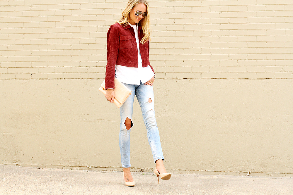 fashion-jackson-burgundy-suede-jacket-white-button-up-shirt-ripped-skinny-jeans-nude-pumps-gigi-new-york-blush-carly-clutch-ray-ban-silver-aviator-sunglasses
