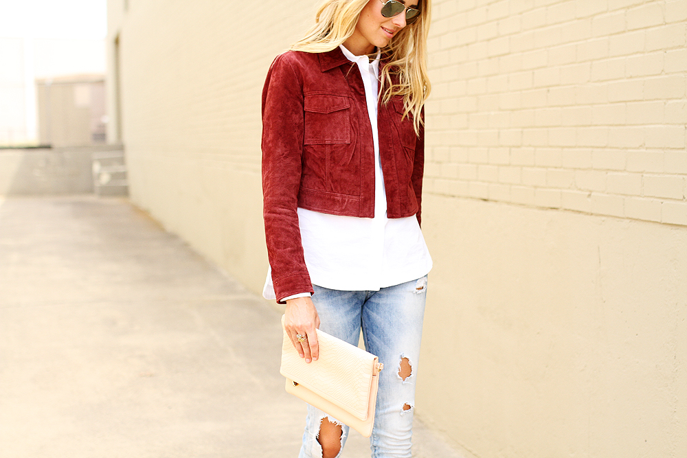 fashion-jackson-forever21-burgundy-suede-jacket-white-button-up-shirt-ripped-skinny-jeans-gigi-new-york-blush-carly-clutch