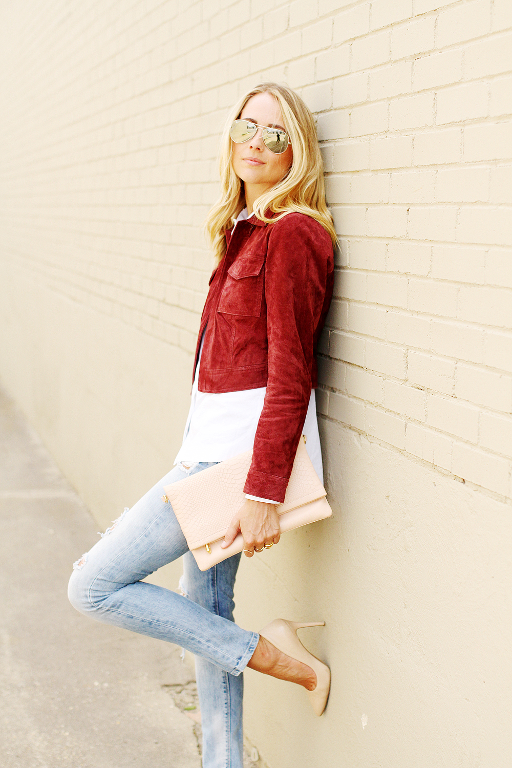 fashion-jackson-ray-ban-silver-aviator-sunglasses-burgundy-suede-jacket-white-button-up-shirt-ripped-skinny-jeans-gigi-new-york-blush-carly-clutch-nude-pumps