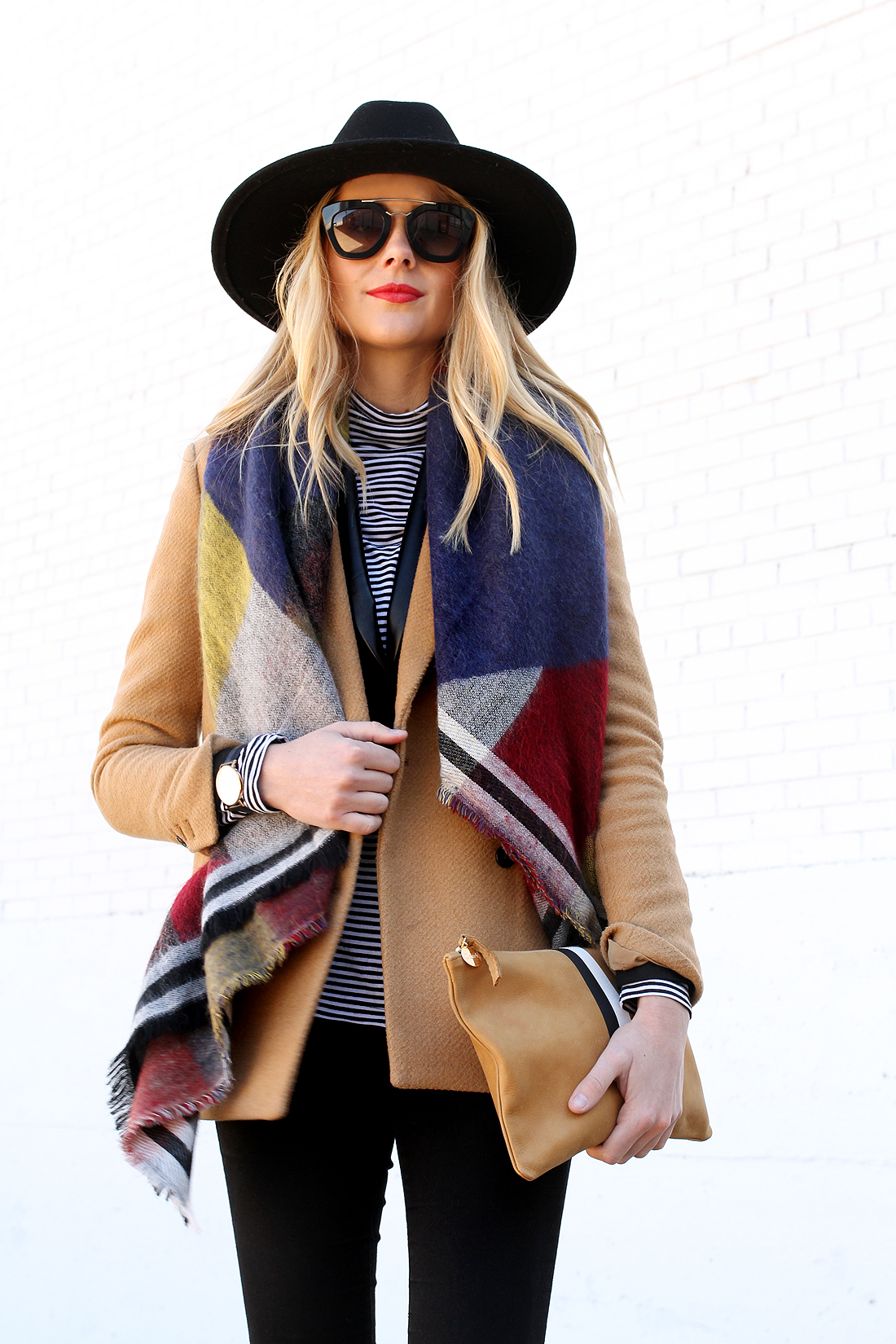 fashion-jackson-color-block-scarf-camel-blazer-black-wide-brim-hat-prada-retro-sunglasses-striped-turtleneck