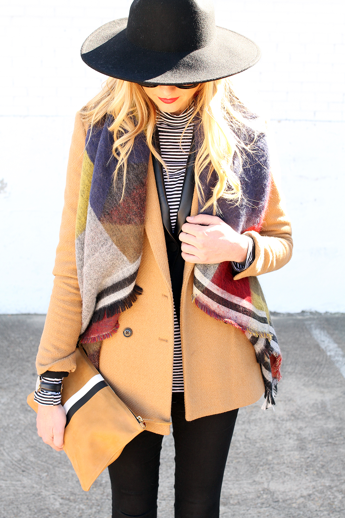 fashion-jackson-color-block-scarf-camel-blazer-black-wide-brim-hat-striped-turtleneck-clare-v-clutch