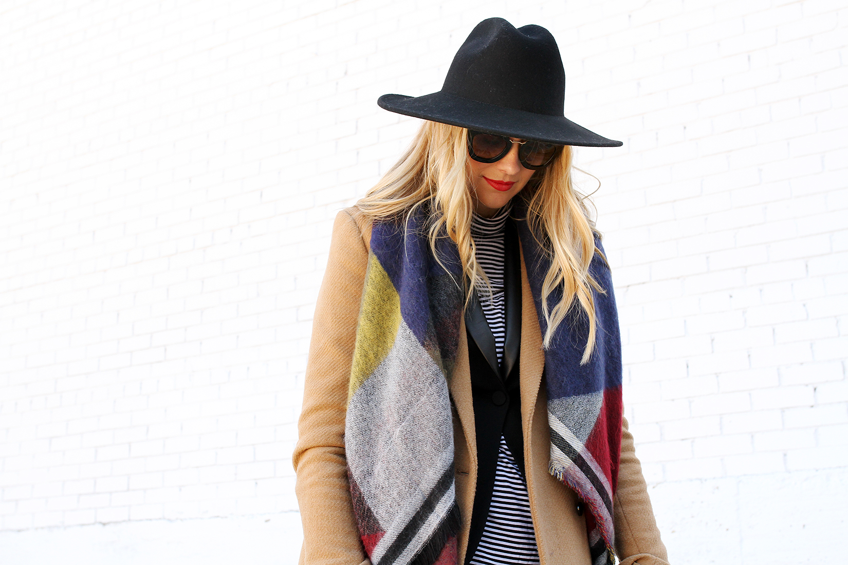 fashion-jackson-color-block-scarf-camel-blazer-black-wide-brim-hat-striped-turtleneck
