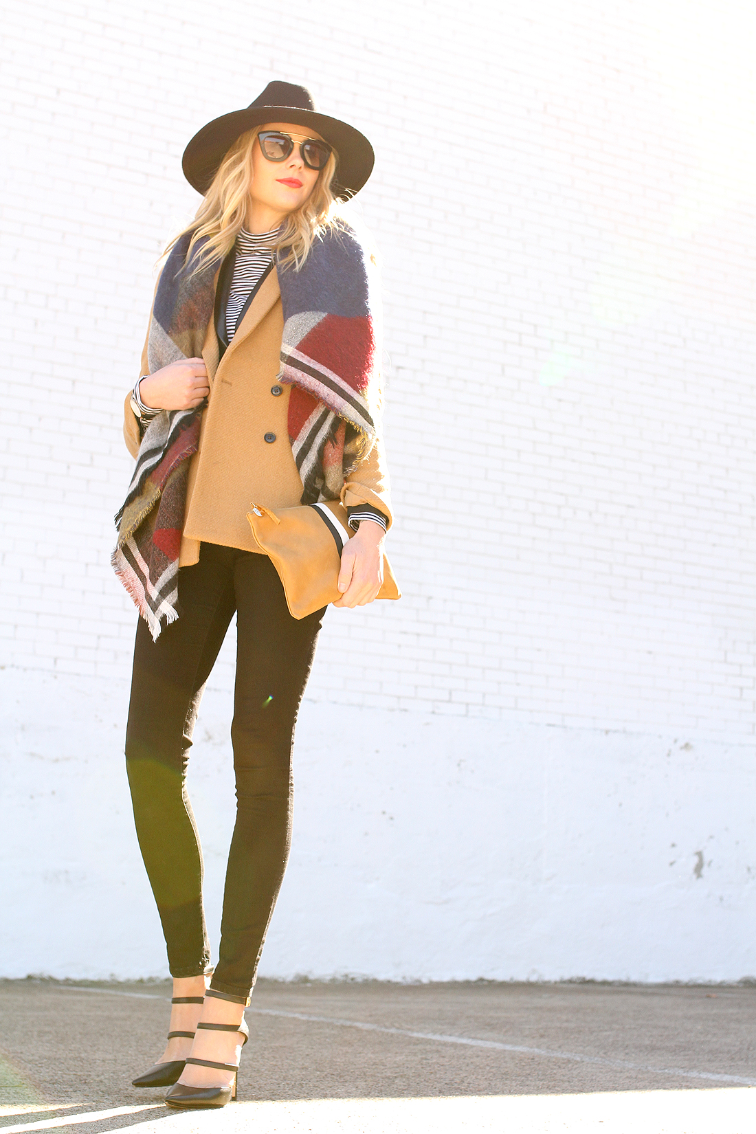 fashion-jackson-color-block-scarf-camel-blazer-black-wide-brim-hat