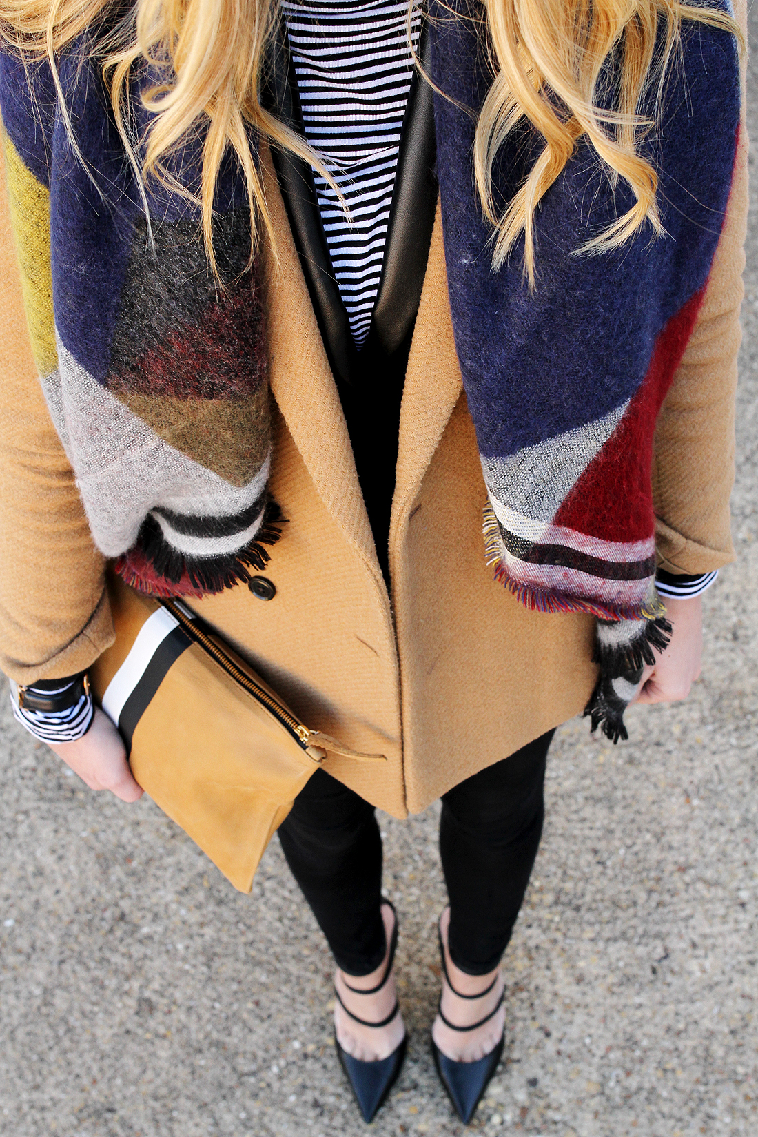 fashion-jackson-color-block-scarf-camel-blazer-striped-turtleneck-raye-black-strappy-heels-clare-v-clutch