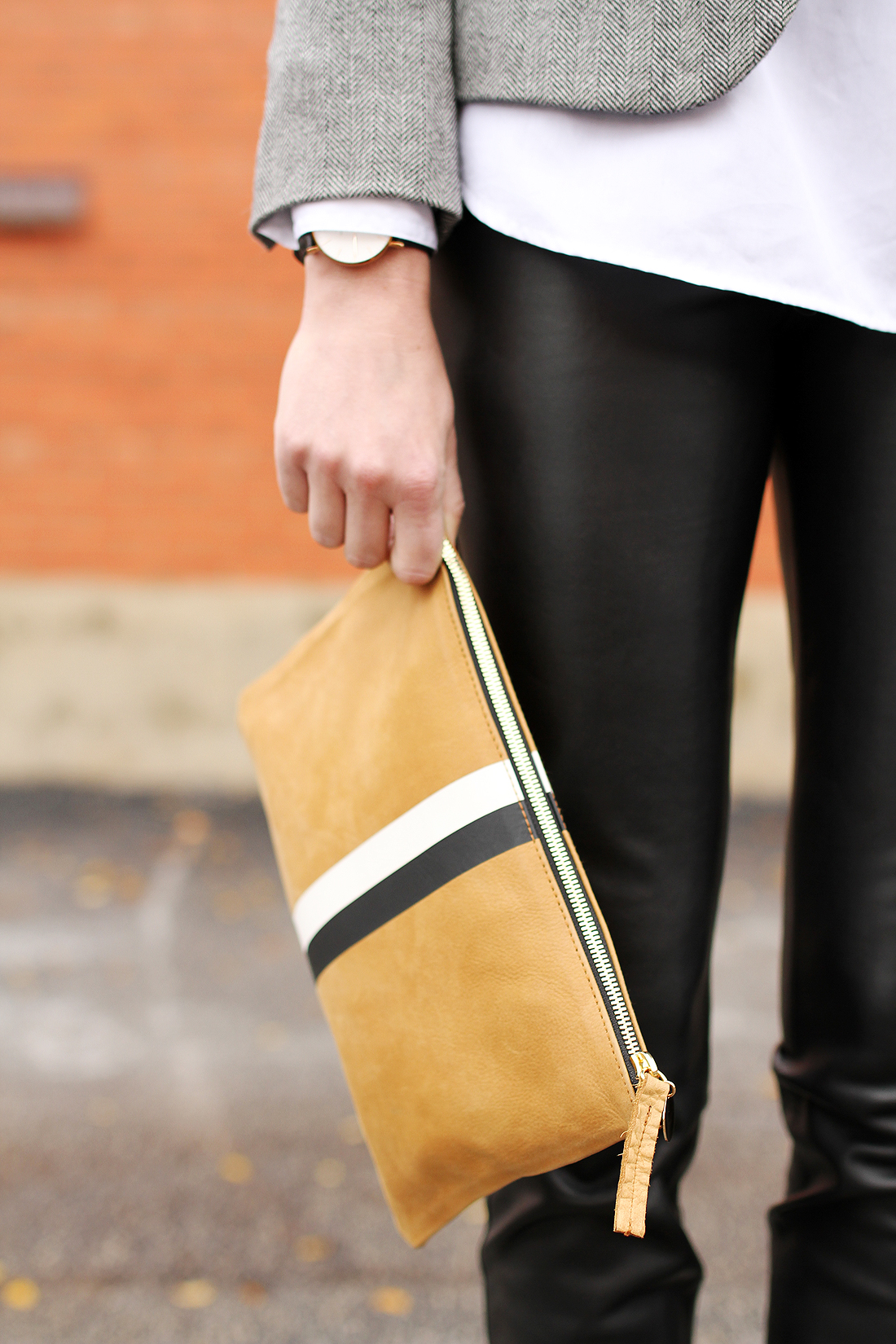 Stylish Outfit with Clare V Clutch and Leather Pants