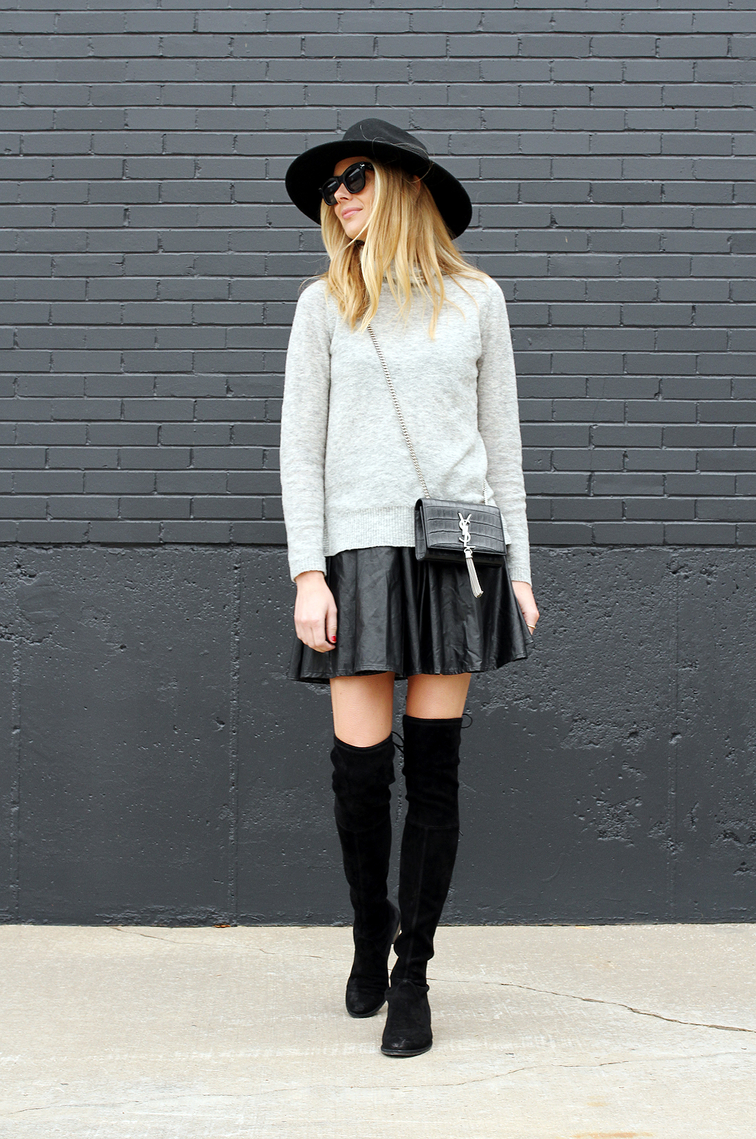 grey sweater black skirt