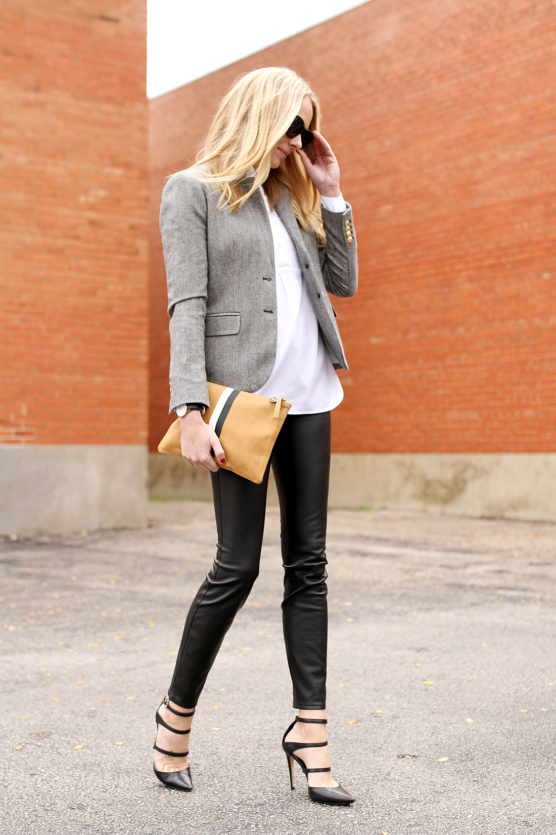 Stylish Outfit with Clare V Clutch and Leather Pants