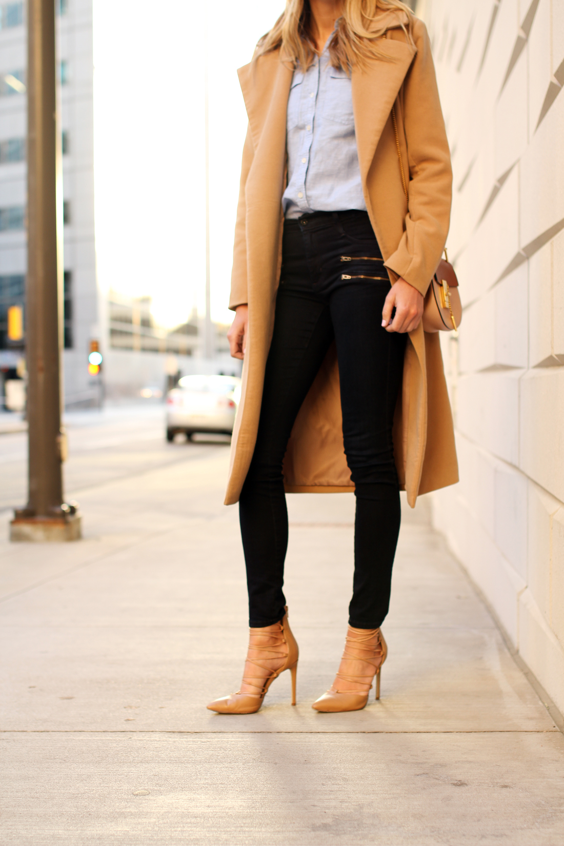 fashion-jackson-missguided-tan-long-wool-coat-james-jeans-crux-nude-lace-up-heels-blue-button-up-shirt