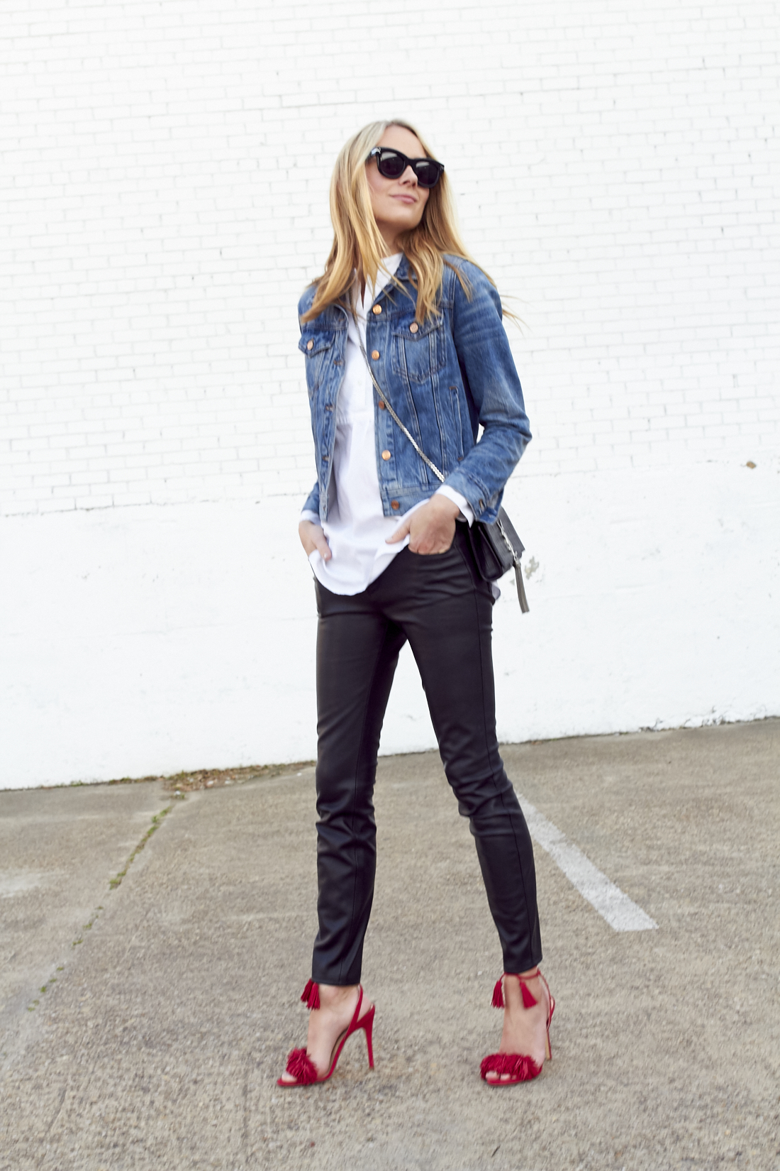 denim jacket with red shirt