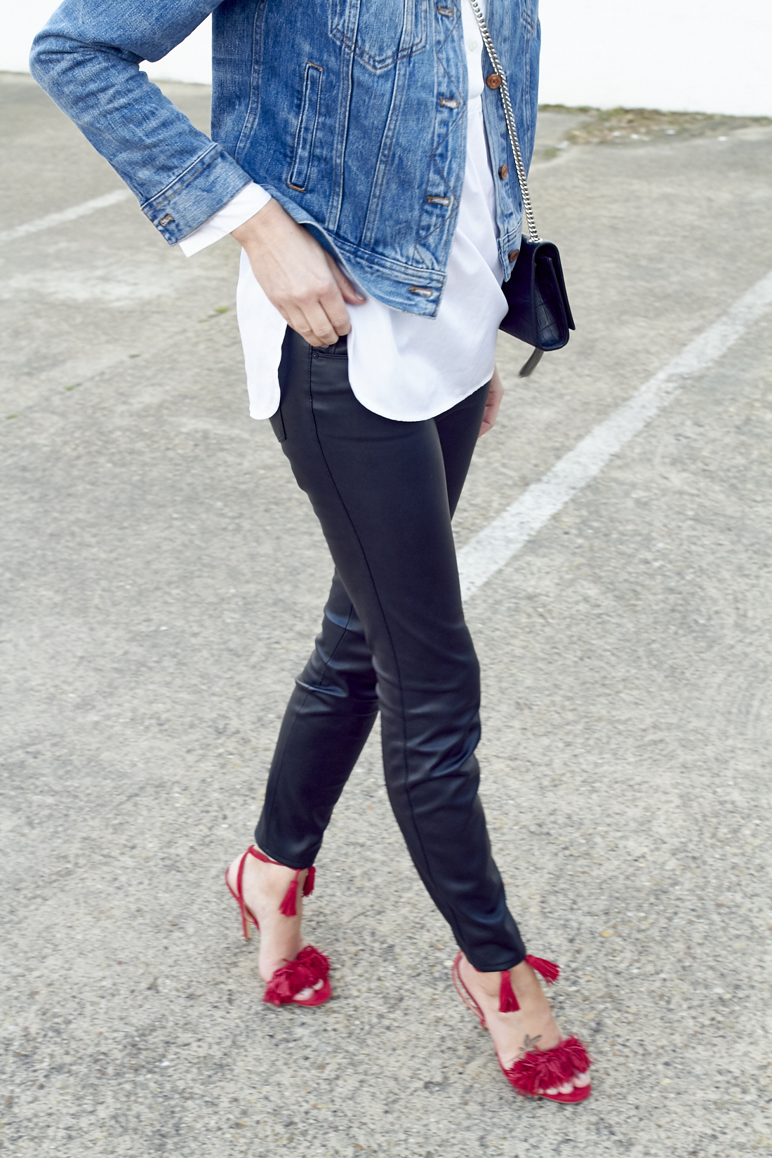 fashion-jackson-red-fringe-heels-denim-jacket-black-faux-leather-pants