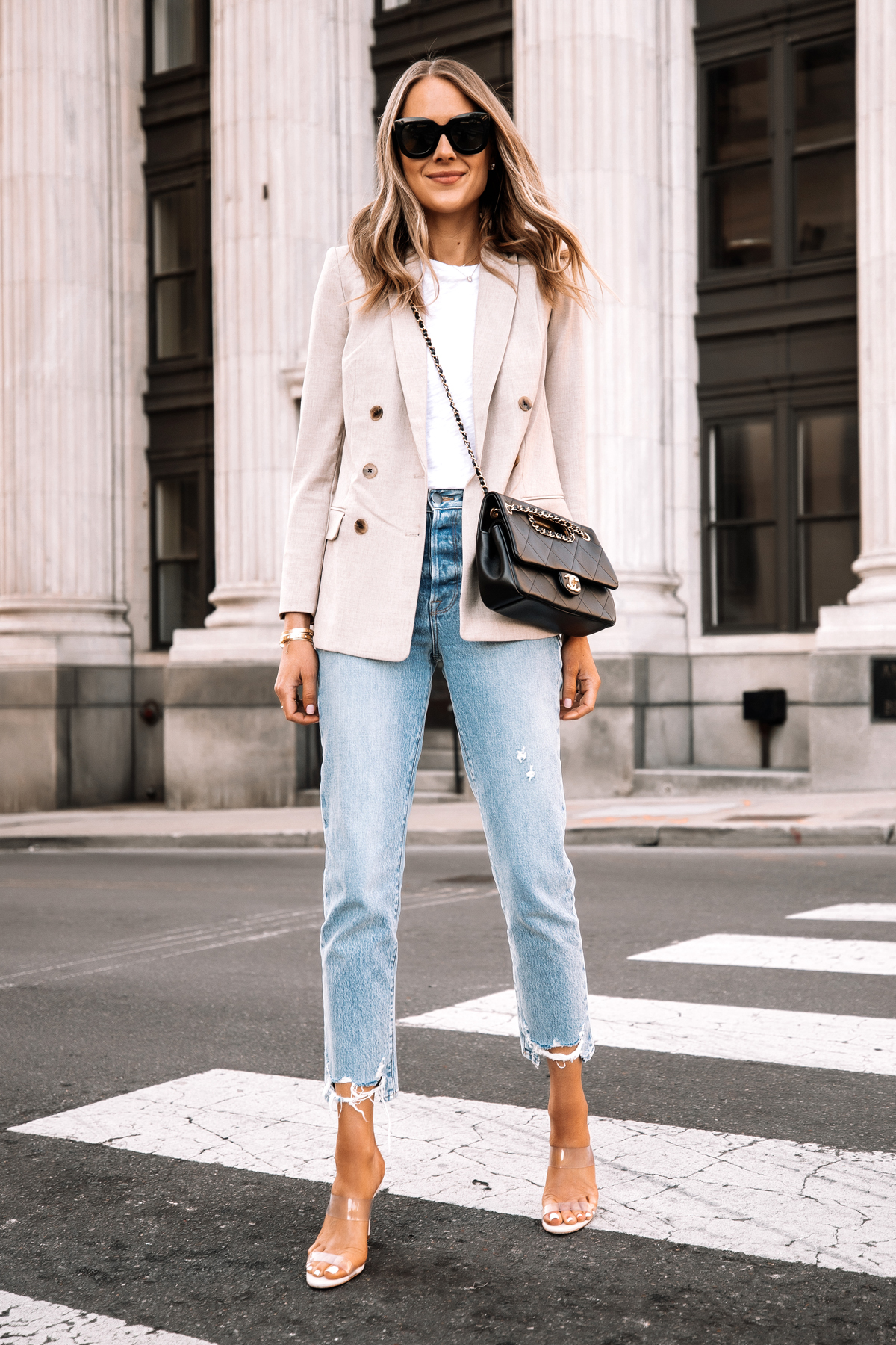 Beige blazer and jeans