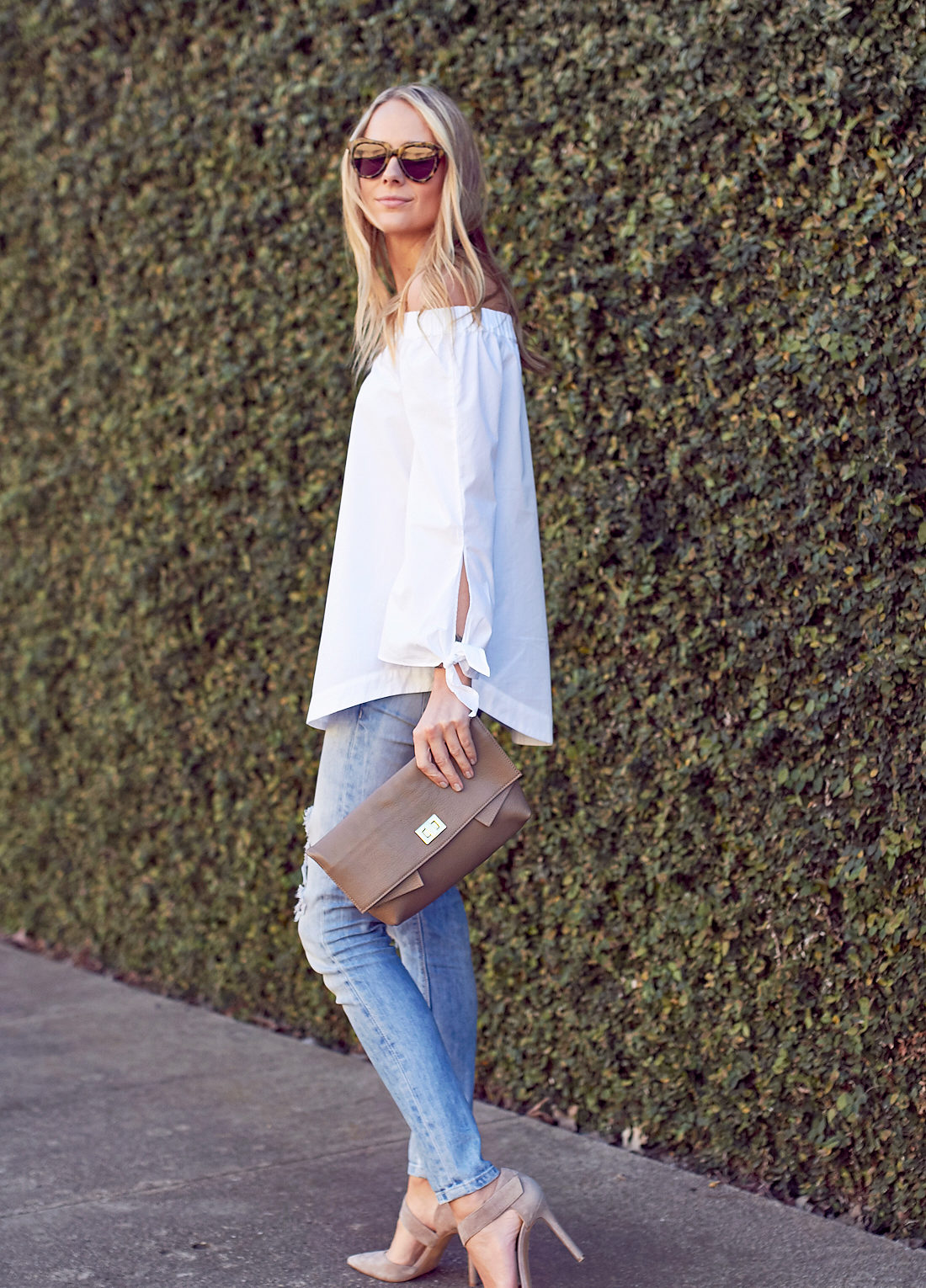 fashion-jackson-free-people-white-off-the-shoulder-top-denim-ripped-jeans-gigi-new-york-claire-clutch-taupe-taupe-heels