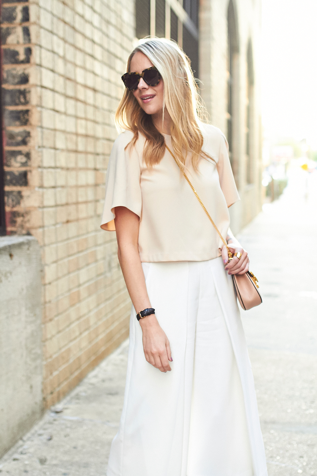 fashion-jackson-karen-walker-sunglasses-beige-flutter-sleeve-blouse-white-culottes