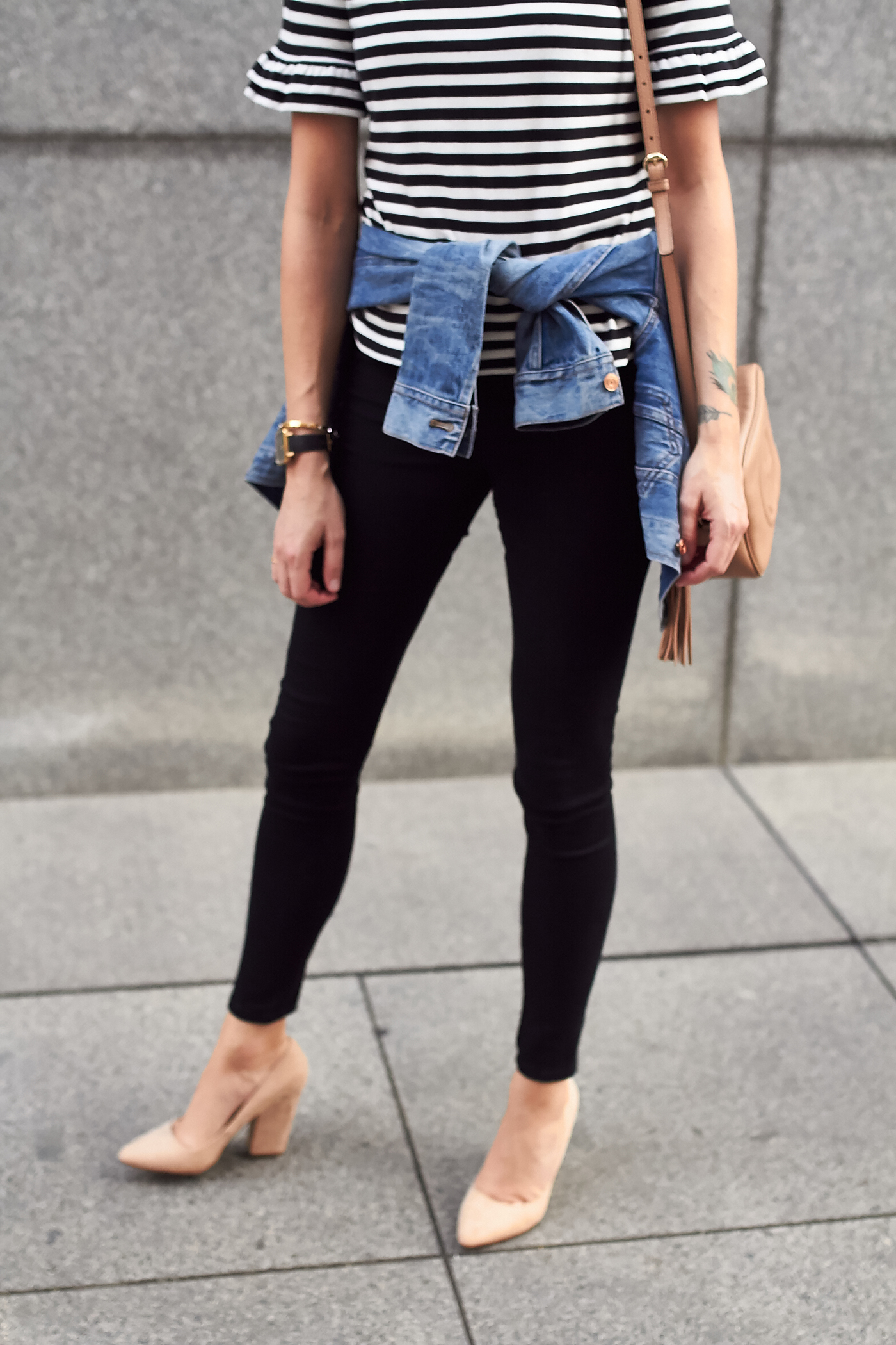 fashion-jackson-black-white-stripe-top-denim-jacket-black-skinny-jeans-nude-block-heel-pumps