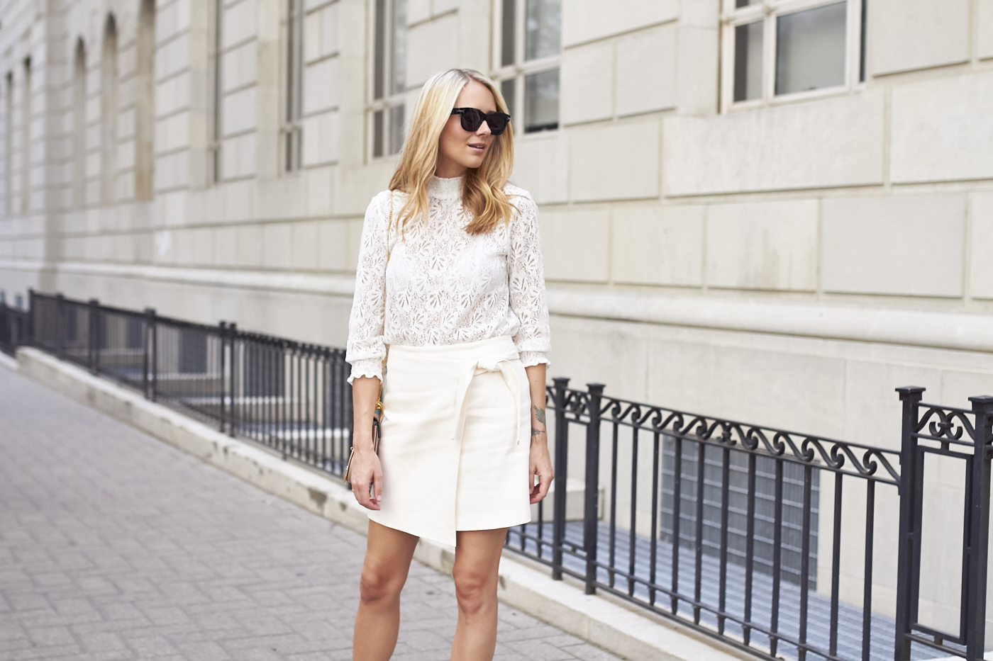 fashion-jackson-white-lace-blouse-topshop-blush-wrap-miniskirt-black-celine-sunglasses