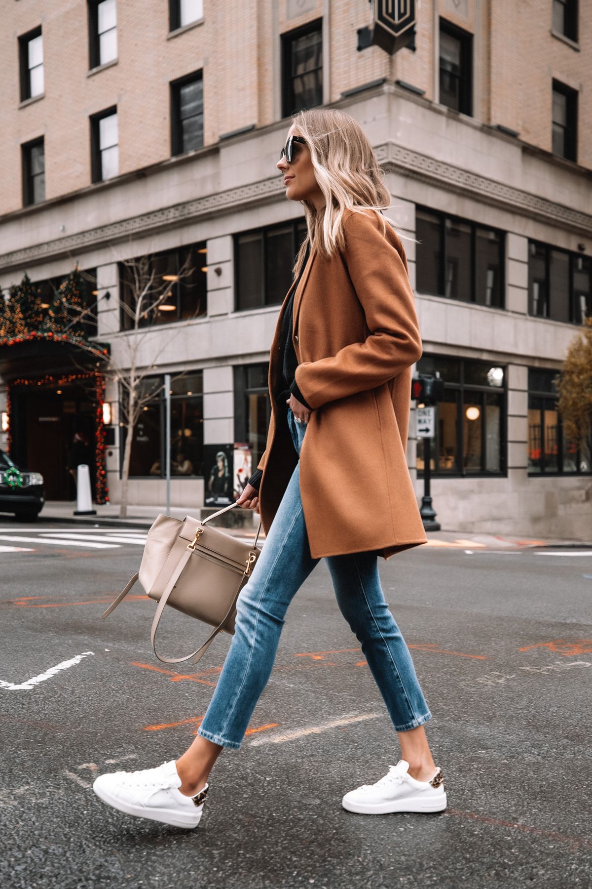 camel coat with sneakers