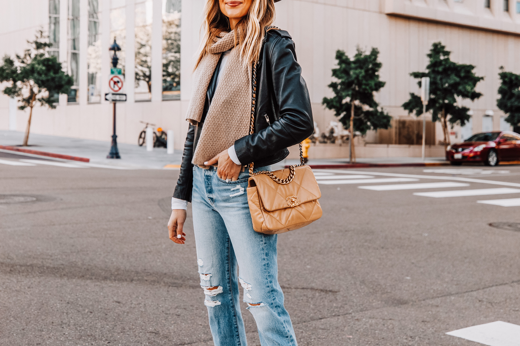 Fashion Jackson Wearing Black Leather Jacket Tan Scarf Ripped Mom Jeans Chanel 19 Dark Beige Handbag