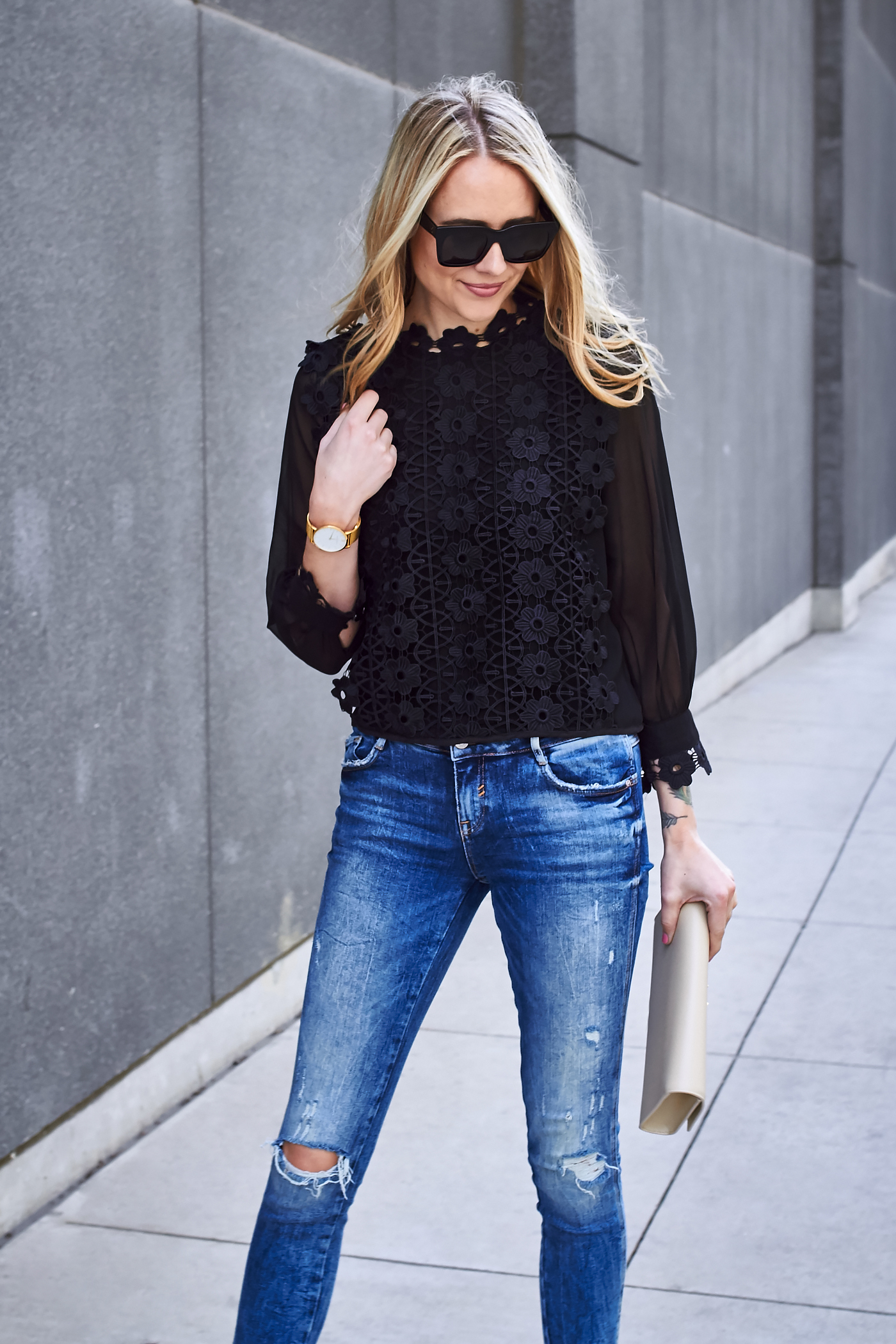Chicwish Black Lace Top, Zara Destructed Skinny Jeans, Black Tassel Heels, Saint Laurent Monogram Clutch, Fall Outfit, Date Night Outfit