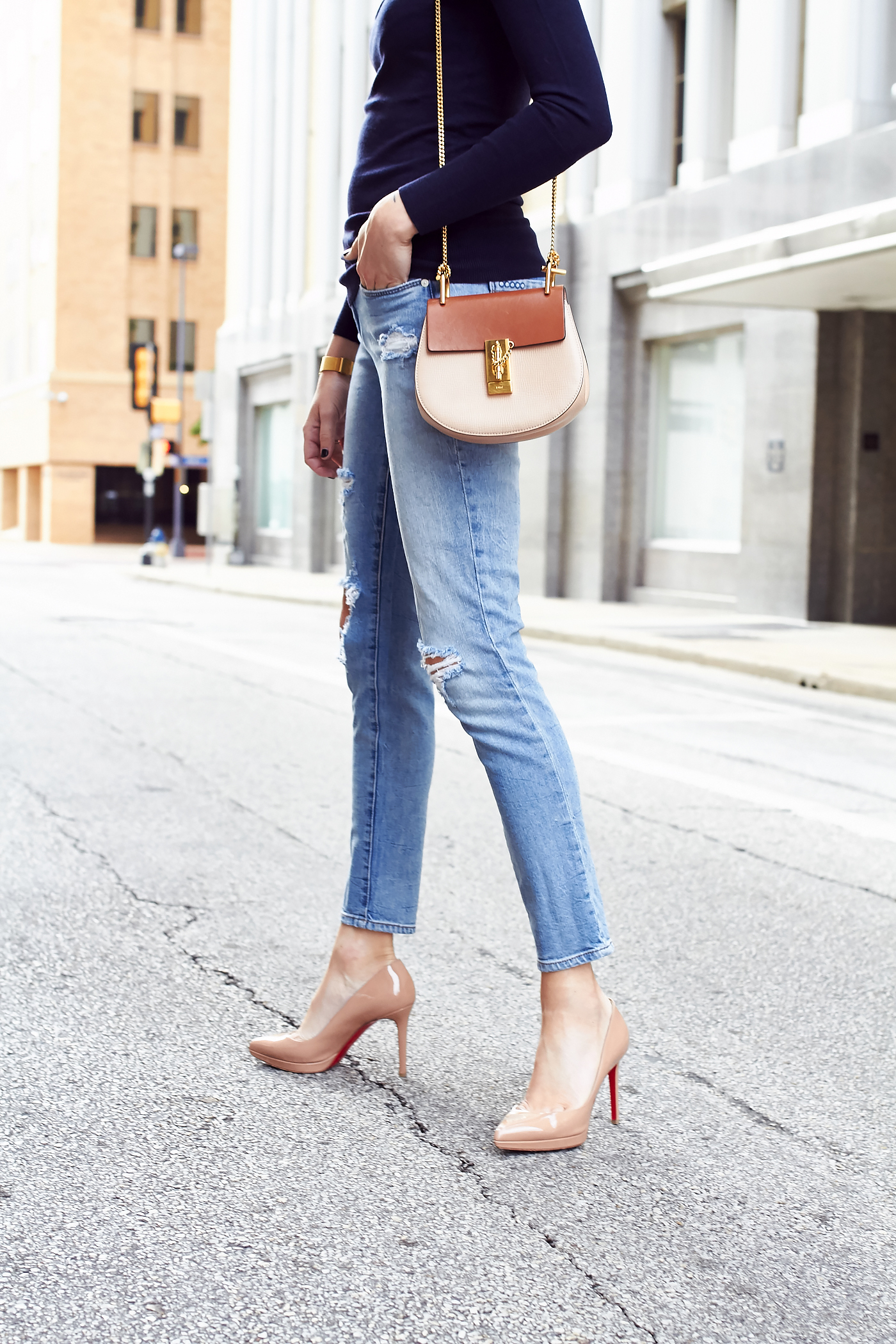blanknyc denim jeans, christian louboutin pigalle nude pumps, autumn cashmere navy off the shoulder sweater, chloe drew handbag, fall outfit