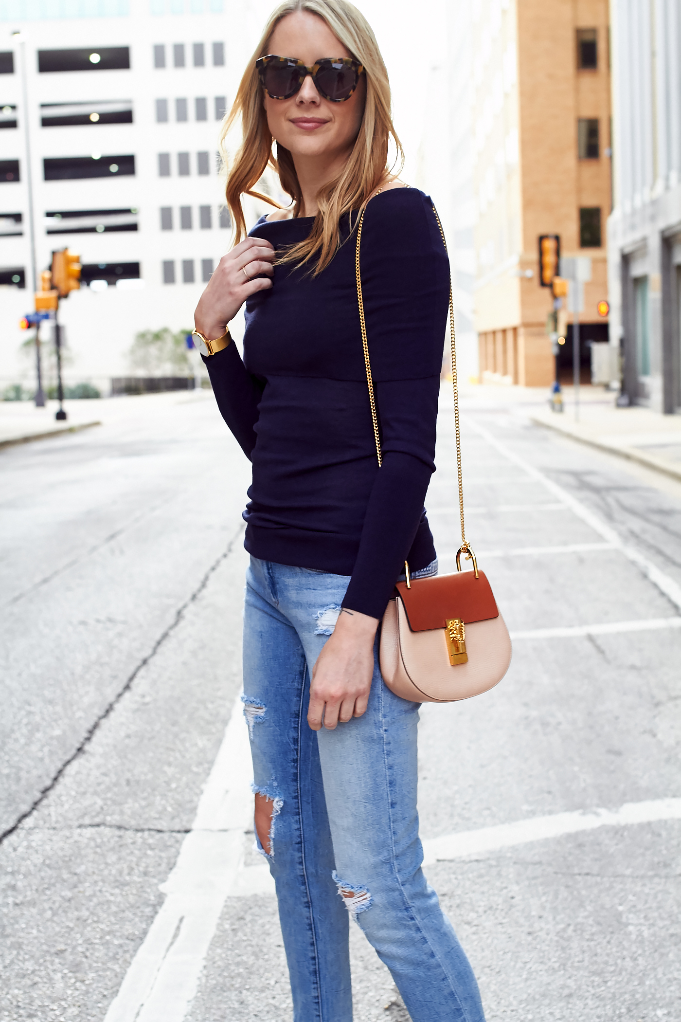 blanknyc denim jeans, christian louboutin pigalle nude pumps, autumn cashmere navy off the shoulder sweater, chloe drew handbag, fall outfit