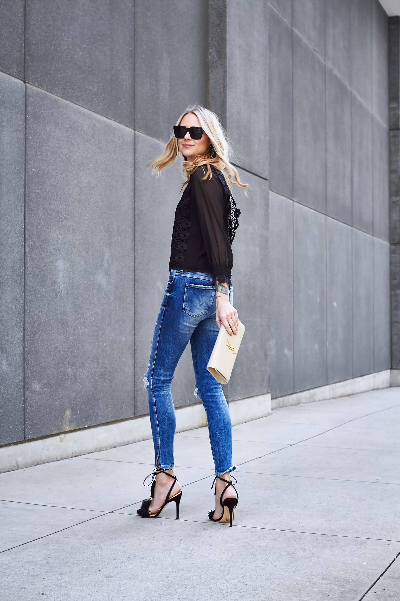 Chicwish Black Lace Top, Zara Destructed Skinny Jeans, Black Tassel Heels, Saint Laurent Monogram Clutch, Fall Outfit, Date Night Outfit