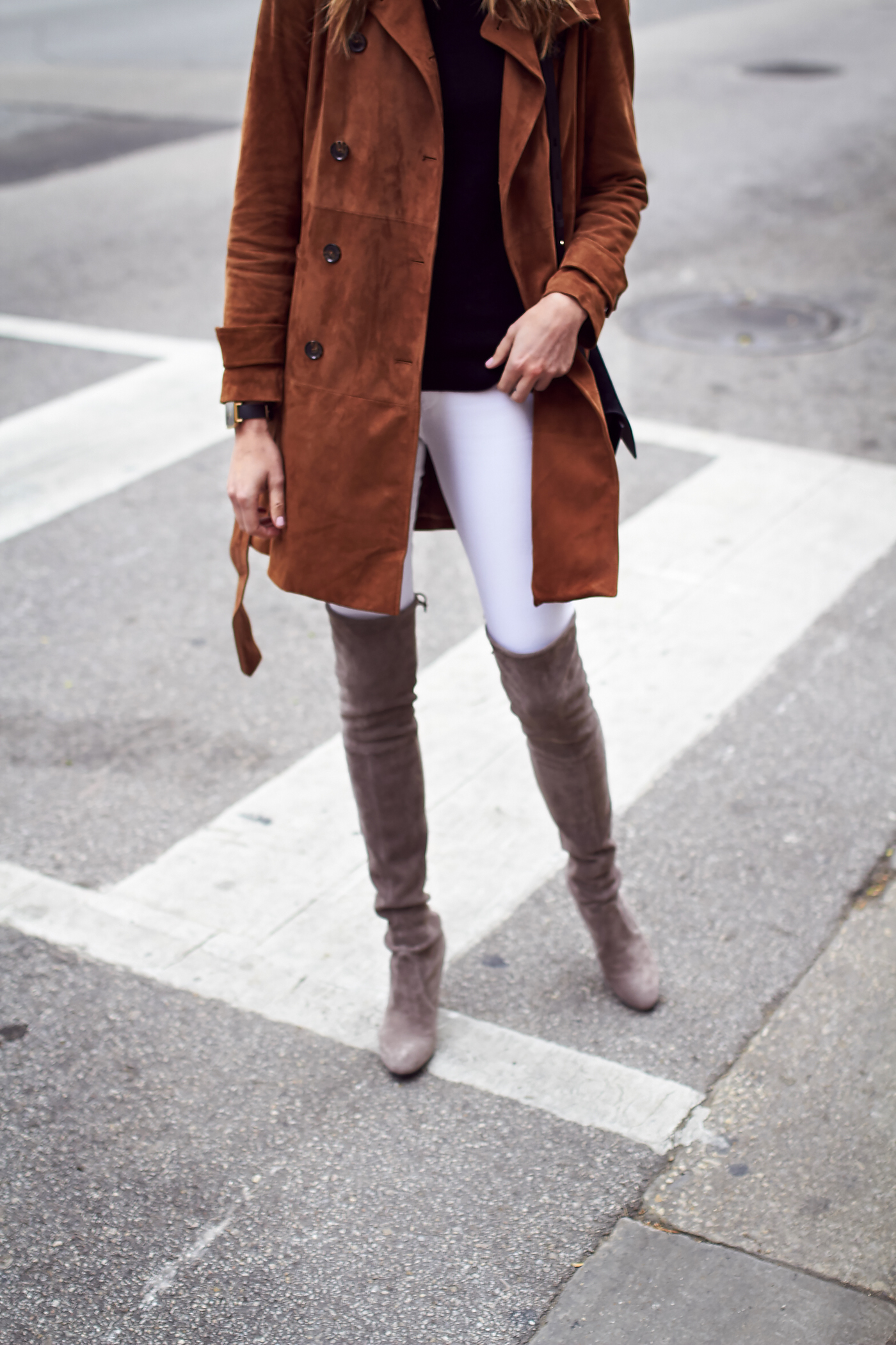 Fall Outfit, Tan Suede Trench Coat, Chloe Faye Handbag, Stuart Weitzman Highland Over-the-Knee Boots, White Skinny Jeans, Black Sweater