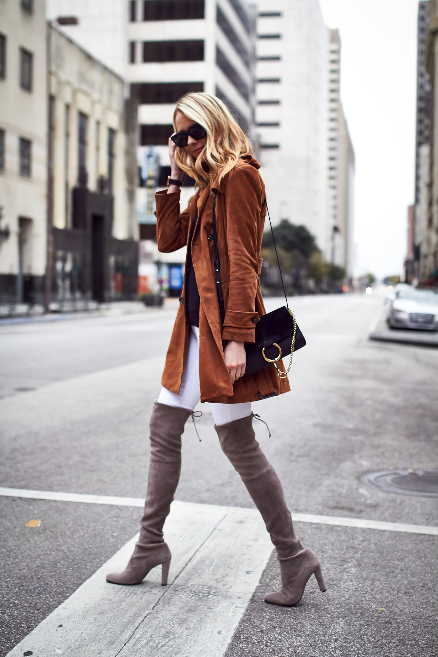 Fall Outfit, Tan Suede Trench Coat, Chloe Faye Handbag, Stuart Weitzman Highland Over-the-Knee Boots, White Skinny Jeans, Black Sweater