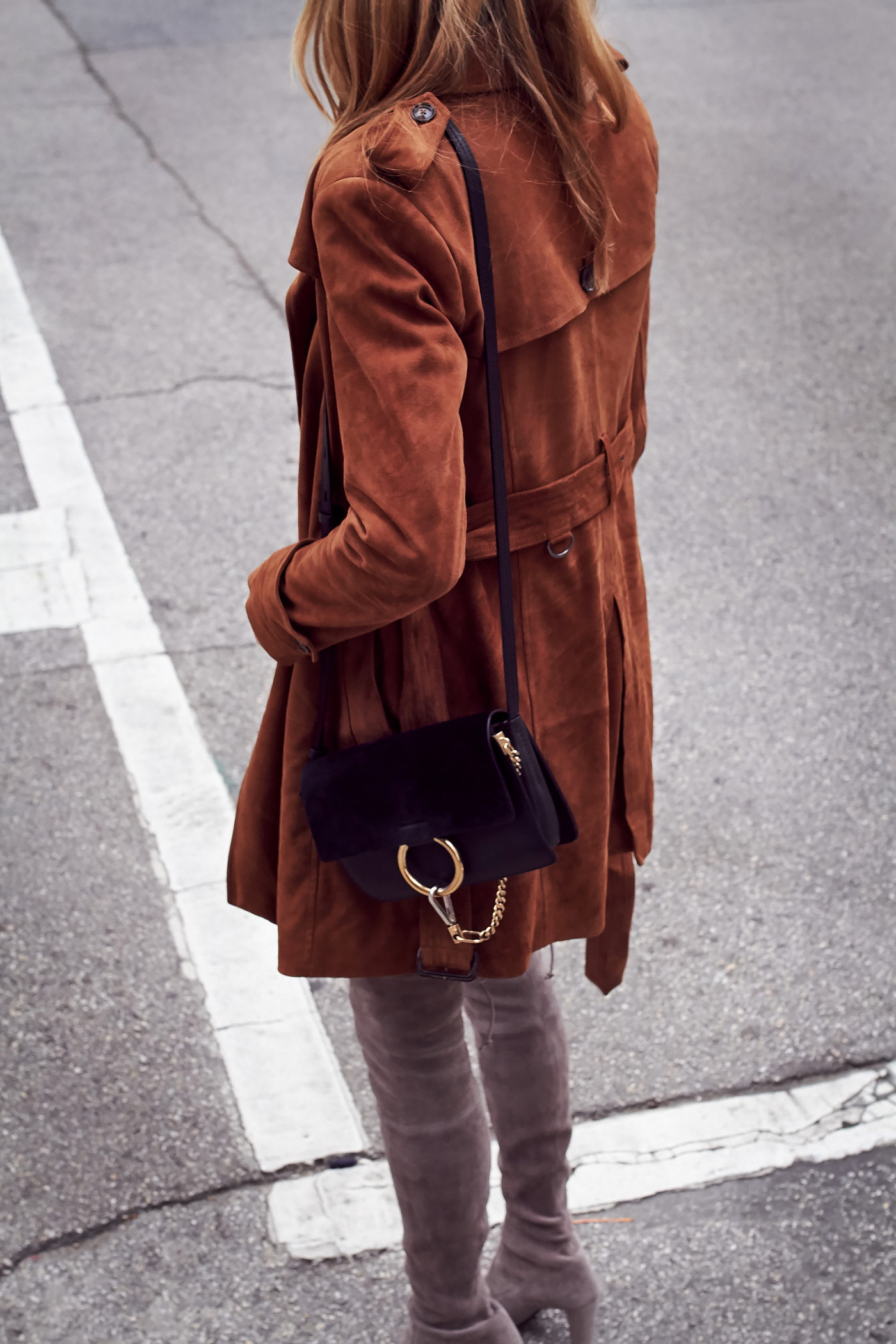 Fall Outfit, Tan Suede Trench Coat, Chloe Faye Handbag, Stuart Weitzman Highland Over-the-Knee Boots