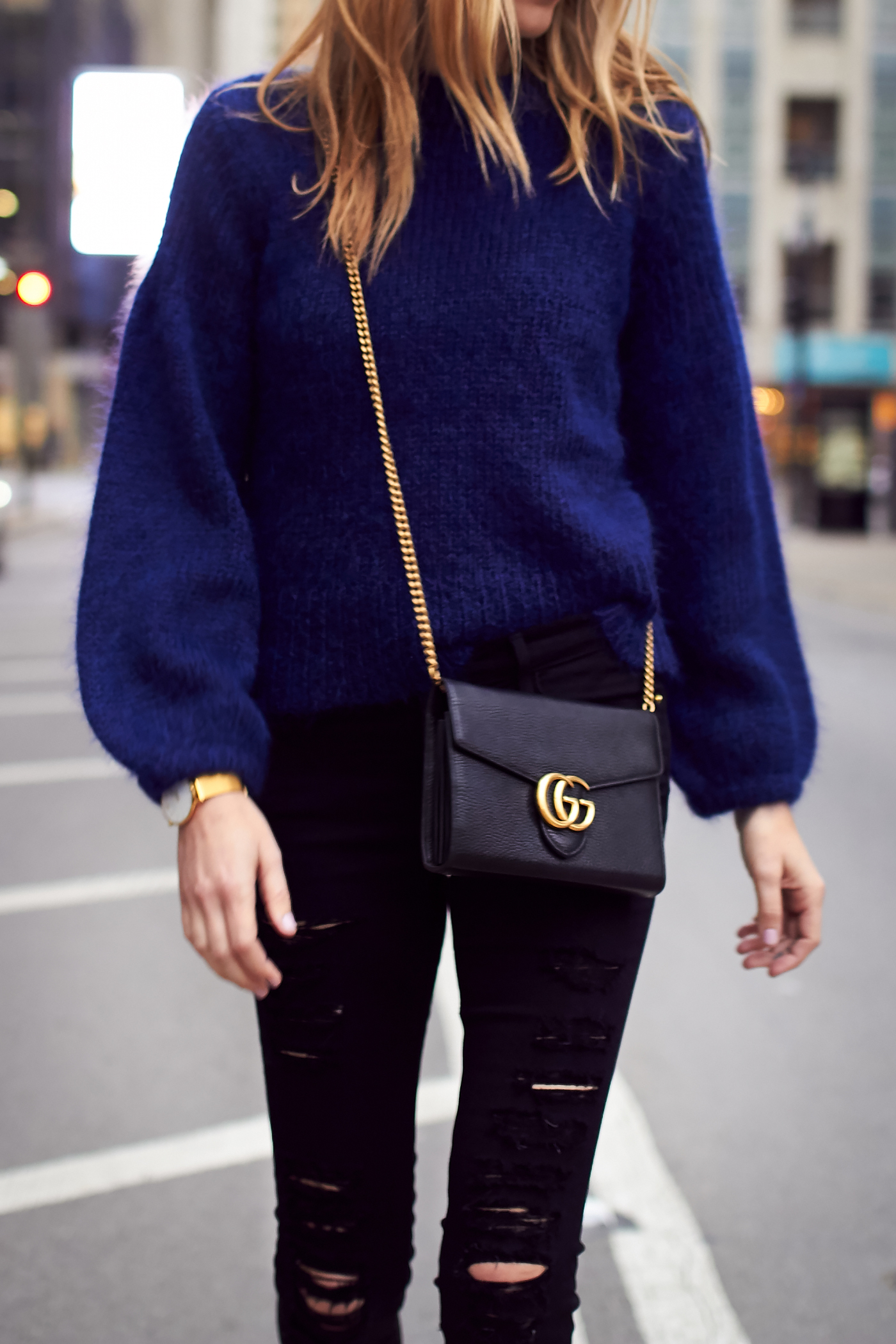 Fall Outfit, Frame Denim Black Ripped Skinny Jeans, Valentino Rockstud Pumps, Gucci Marmont Handbag, Navy Oversized Sweater