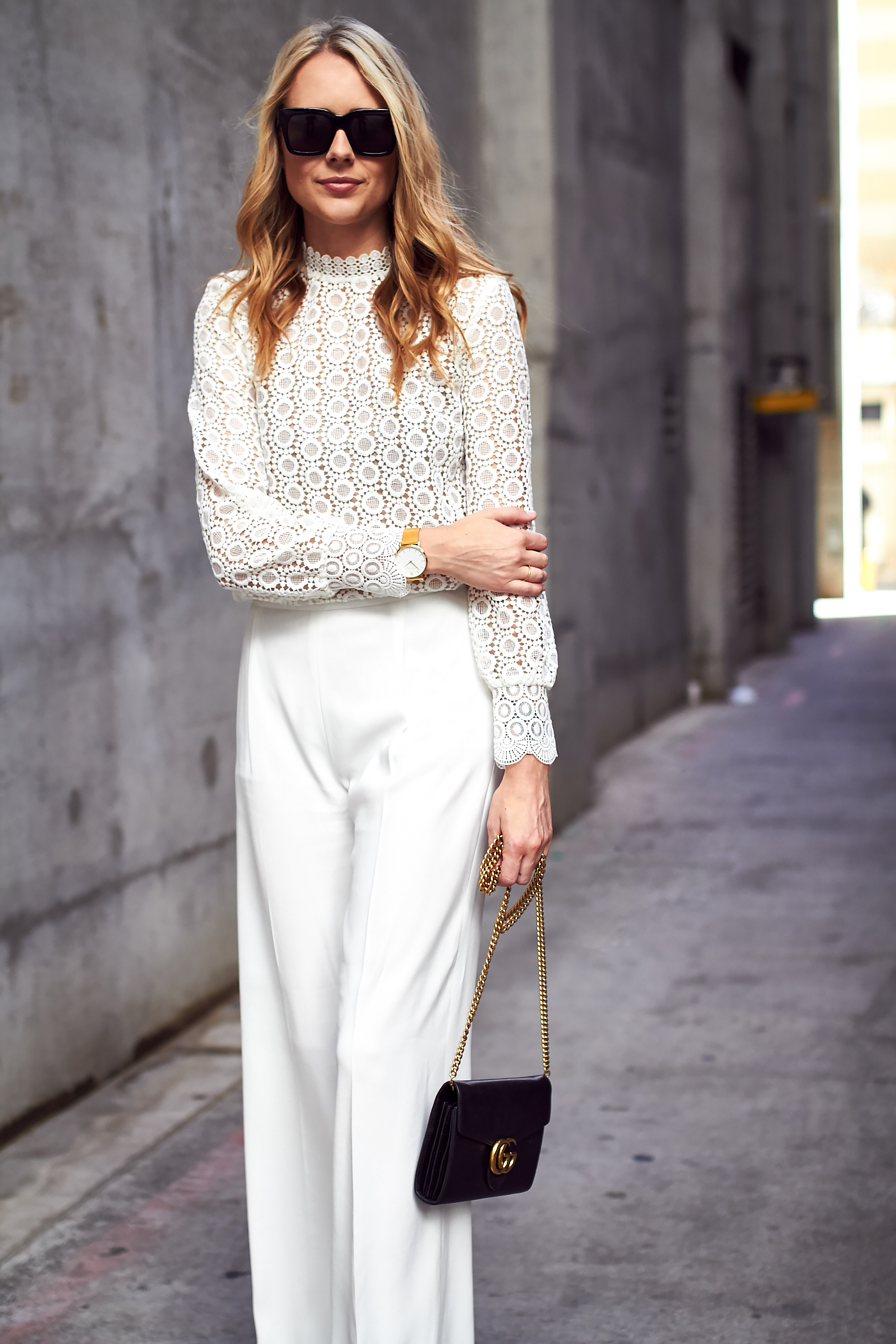 Fall/Winter Outfit, Head-to-toe-white, H&M Long Sleeve White Lace Blouse, White Wide Leg Pants, Gucci Marmont Handbag, Black Celine Sunglasses
